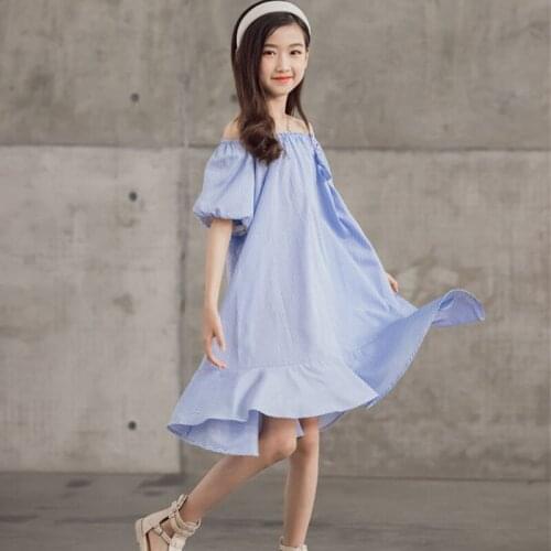 Girl Dress Blue Stripe Ruffles Dresses For Kids Summer Clothes Children Off Shoulder Puff Sleeve Dress Teenagers Casual Costumes