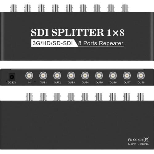SDI Splitter 1x8 SD-SDI, HD-SDI, 3G-SDI SDI 1x8 Splitter 1 in to 8 Out Repeater Extender with Power Adapter