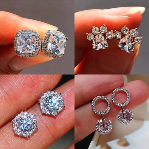 Luxury Female Crystal Round Heart Earrings Cute Boho Silver Color Stud Earrings For Women Vintage Cat Dog Bear Paw Claw Earrings