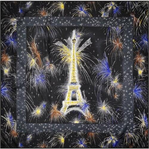 Manual Hand Rolled Twill Silk Scarf Women Fireworks Tower Print Square Scarves Echarpes Curled Foulards Femme Wrap Bandana Hijab