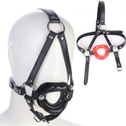 Sexy Rubber Lips Shape Mouth Plug,Penis Insert Open Mouth Oral Sex Gag Leather Head Bondage Strap Oral Fixation SM Play Sex Tool