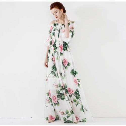 Sweet little fresh New girl ear off the shoulder dress waist style chiffon long summer