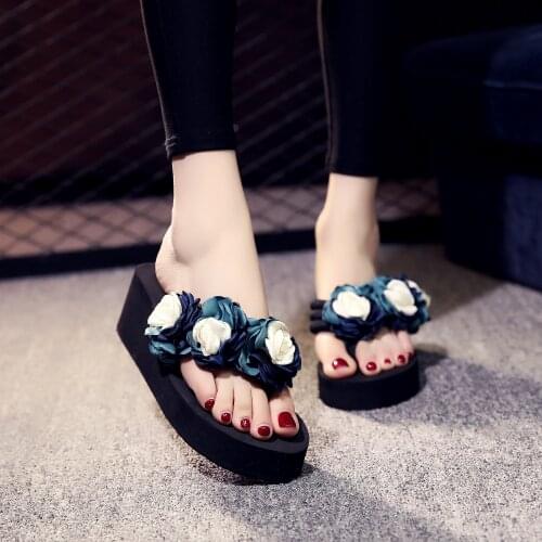 6 Cm High Heel Womens Summer Handmade Flowers Flip Flops Ladies Casual Sandals and Slippers Female Feet Beach Shoes Slipper