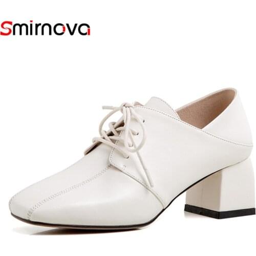 Smirnova 2021 Genuine Leather Pumps Fashion Lace Up Ladies Casual Dress Shoes Spring Autumn Solid Color Single Shoes