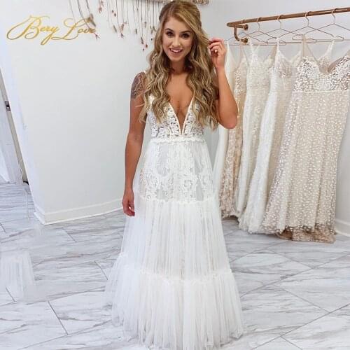Berylove Lace Appliques Wedding Dress Backless Spaghetti Sweetheart Wedding Bridesmaid White Tulle Boho Bridal Elegant Dress