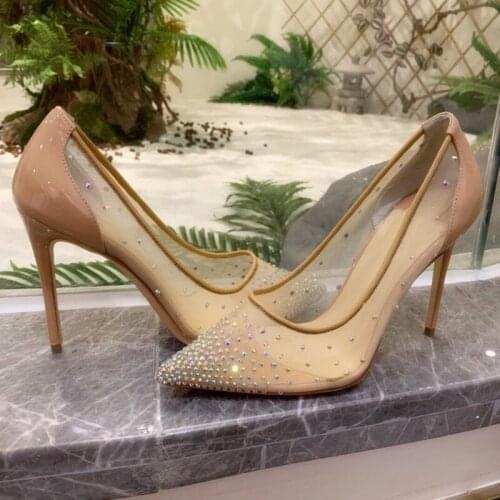 Summer Sexy Lady Fashion Women Shoes Nude Mesh Lace Crystal Pointy Toe Stiletto Stripper High Heels Zapatos Mujer Prom Evening