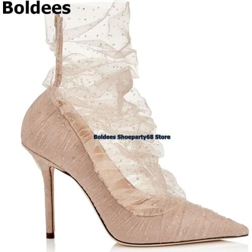 Beige Black Air Mesh Crystal Embellished Heeled Pumps OL Pointed Toe High Heel Party Shoes Woman Designer Back Zipper Lace Shoes