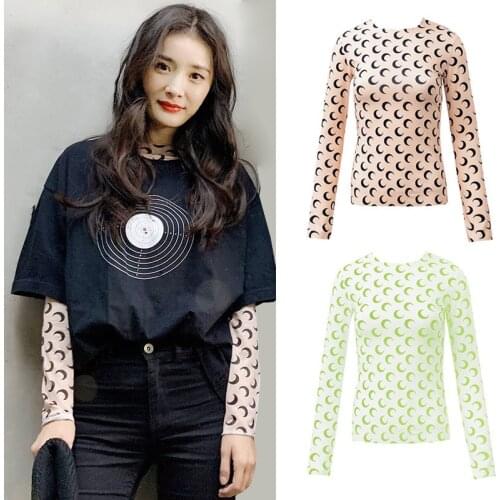 Solid Color Crescent Moon Print O-Neck & Turtleneck Long/Short Sleeves Shirt Summer Women Hot Chic Bodycon Tops Outfits S-XL