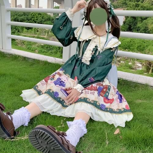 Japanese Autumn Sweet Lolita Style Soft Girl Dress Kawaii Peter Pan Collar Cartoon Bear Ruffles Lantern Sleeve Bandage Bow Dress