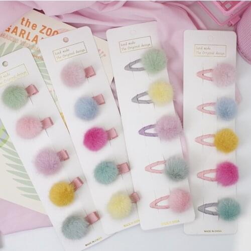 5pcs Girls Hairpins with Small Lovely Soft Fur Pompom Mini Ball Gripper Hairball Pom Hairclip Children Kid Hair Clip Accessories