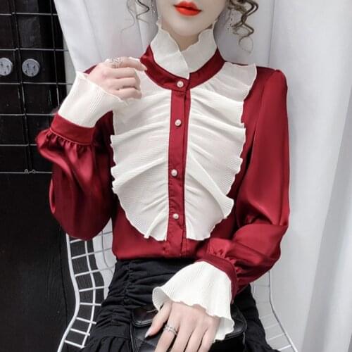 Women Victorian Blouse French Lolita Palace Spring Autumn Stand Collar Ruffles Long Sleeve Satin Blouse Shirts Ropa De Mujer
