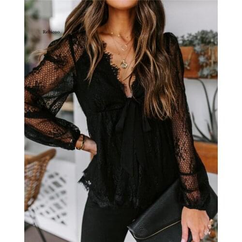 New Fashion Women Deep V Neck Lace Blouse Ladies Elegant Embroidery Stitching Bowknot Lace Up Shirts Tops 2021