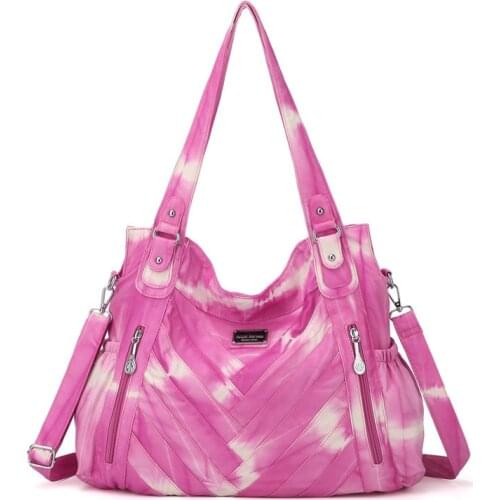 Woman Pink Color Tie Dye Printed Handbag in Soft Washed PU Faux Leather With Removable Long Shoulder Strap