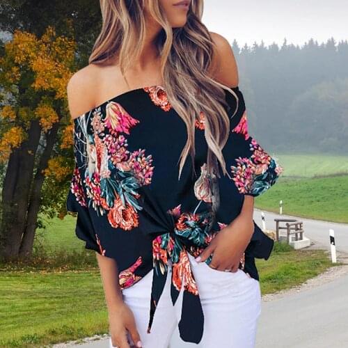 Women Print Blouses Summer Sexy Off Shoulder Floral Female Shirt Casual Loose Lace Up Plus Size Ladies Woman Tops Blouse