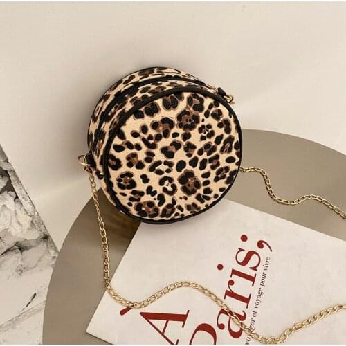 New Personality Leopard Round Shaped Shoulder Bags for Women 2021 Vintage Chain Casual Small Totes PU Leather Crossbody Handbags