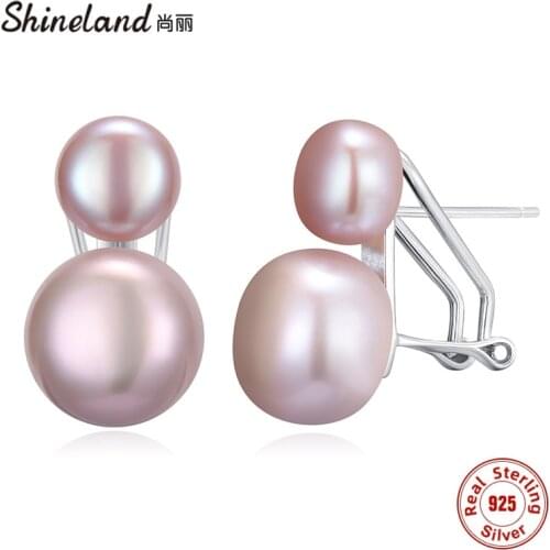 Shineland Natural Freshwater Pearl Earrings 925 Sterling Silver jewelry Double 3 Color Pearl Stud Earring for Women Wedding Gift