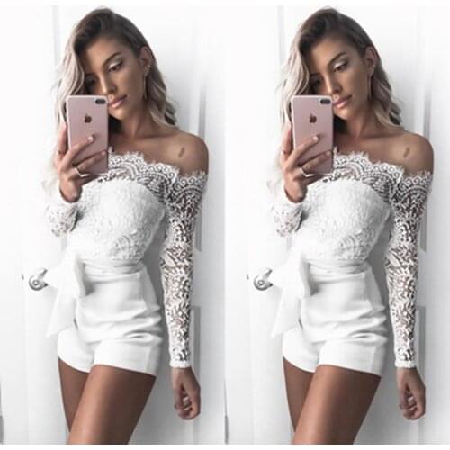 New Elegant Lace Overalls For Women Jumpsuit Lace Sexy Slash Neck Romper Jumpsuits Women Long Sleeve Long Bodysuit White