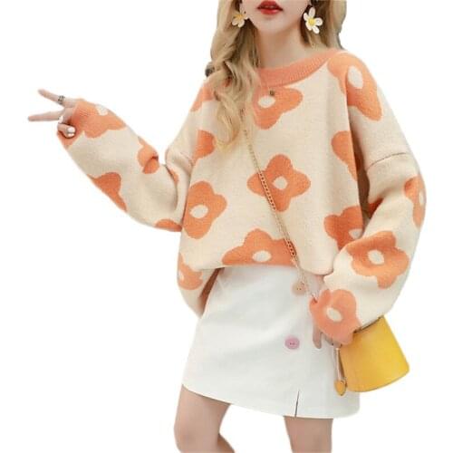 Knitted Sweater Women Green Plus Size Loose Pullover 2019 New Autumn Winter Korean Yellow Orange Floral Long Sleeve Tops LD1181