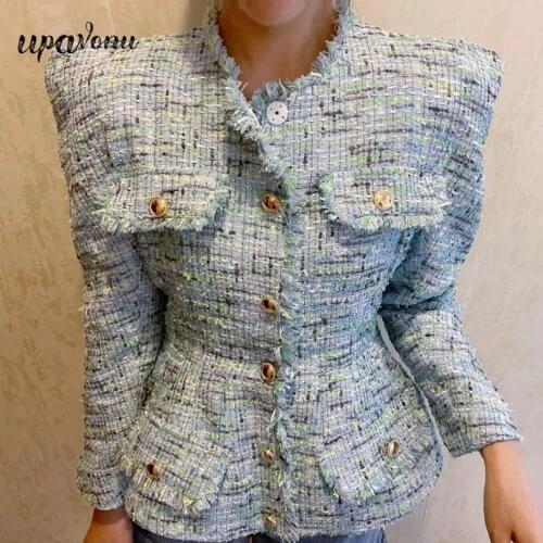 Free Shipping Fashion Women Tweed Jacket with Shoulder Pad Flower Bud Hem Suit Jacket Lady Chic Coat Single-breasted Plaid Coats