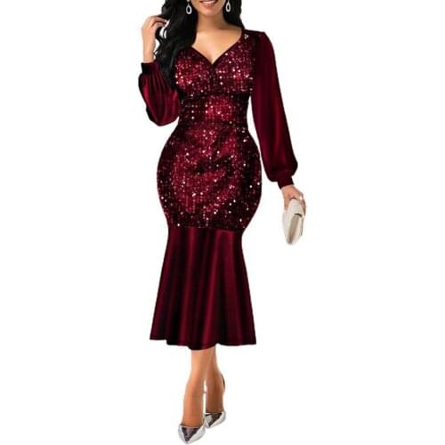 Formal Bodycon Dress Women Sequin V Neck Dress Women Shiny Long Sleeve Dress Patchwork Evening Elegant Dress Wedding Party