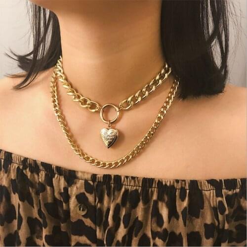 WANGLUFEI Gold Cuban Link Chain Heart Necklace For Women Punk Miami Layered Necklace Chunky Thick Chain Hip Hop Jewelry Gifts