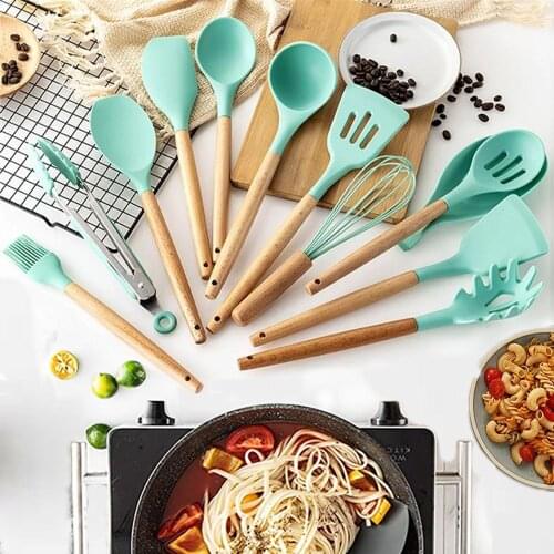 Silicone Kitchen Cooking Utensils Non-stick Kitchenware With Spoon Holder Heat Resistant Accessories Cooking Tools Set Green