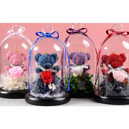 18cm Preserved Flowers Valentine Birthday Wedding Halloween Home Decoration Glass Covered High Quality Lovely Bear Rose Giftbox