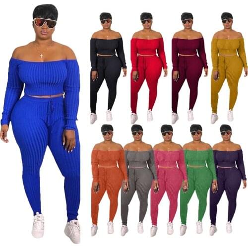 Adogirl Knitted Ribbed Two Piece Set Slash Neck Tops And Stretchy Pants Skinny Fitness Tracksuits Plus Size Clothing for Women