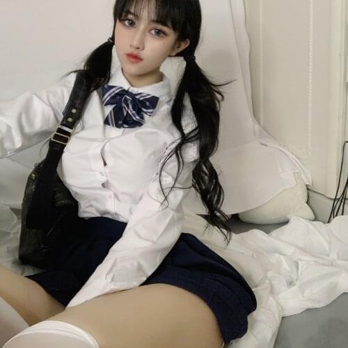 4XL plus size White Full Sleeve Sexy Slim Shirt Blouse Bow Student JK + Pleated Short Mini Skirt Sexy Women Set Girl Female A9HJ
