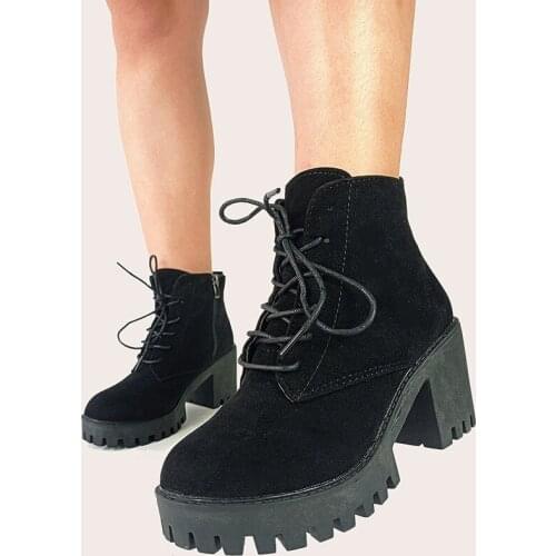 Fashion Big Size 41 Flock Square Chunky Heel Round Toe Solid Women Shoes Side Zipper Cross-tied Motorcycle Boots