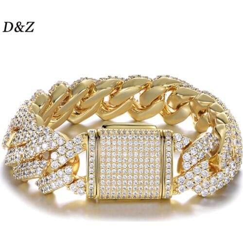 D&Z New 19mm 2Rows Stones Miami Cuban Link Bracelet Bling AAAA Zircon Charm Mens Hip Hop Bracelet Women Jewelry