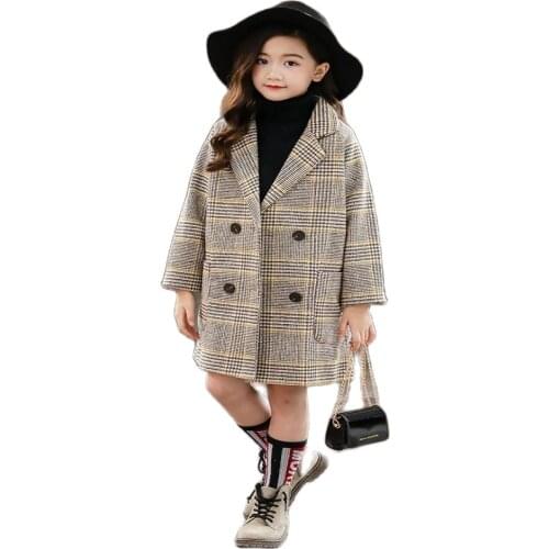 Children Coat Outerwear Long Jackets Plaid Woolen Coat Toddler Girls Winter Turn-down Collar Coat Jackets