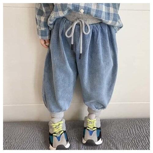 Boys' Denim Pants Autumn 2021 New Childrens Solid Color Cotton Soft Loose Casual Elastic Waist Frenulum Korean Pants