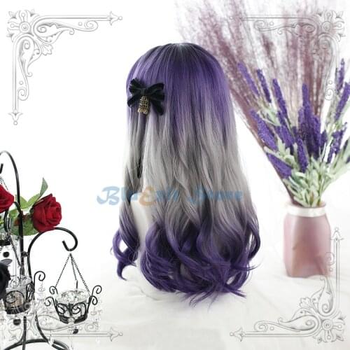 Gradual Black Purple Gray Lolita Wig Harajuku Fairy Cosplay Bangs Curly Body Wave Long Sweet Fringe Adult Girls Hair