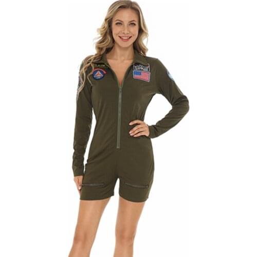 Women Army Green Military Pilot Cosplay American Airforce Costume Sexy Jumpsuit Halloween Party Top Gun Maverick Flight Uniform