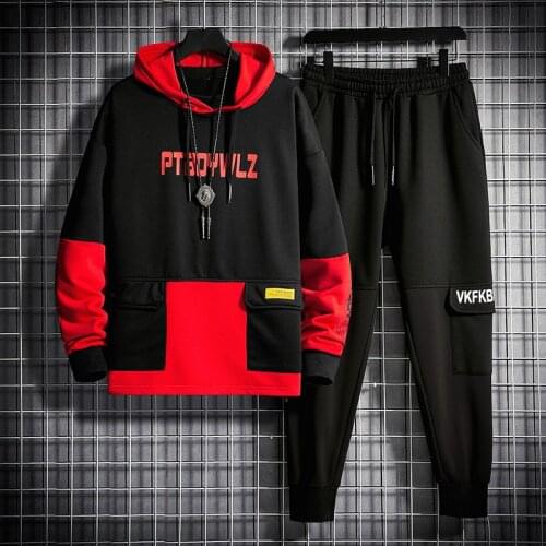 Men Tracksuit Jogging Suit Patchwork Hoodies Set Male Fleece Hoodies+Pants Workout Two Piece Sets Gym Sportswear Suit Clothing