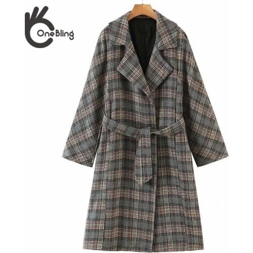 OneBling Za 2021 Jacket Autumn Winter Long Sleeve Notched Collar Belted Women Casual Longline Plaid Coat Trench Outerwear