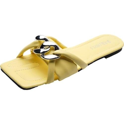 Summer new ladies slippers outer wear trend simple square head metal decoration soft bottom comfortable beach slippers hot sale