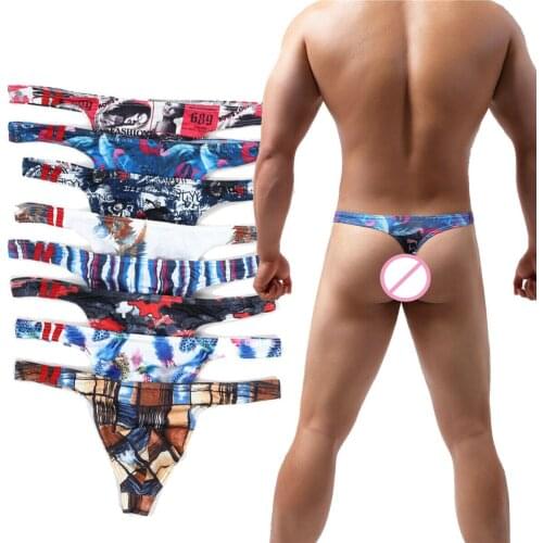 8PCS/Lot Mens Underwear Sexy Jockstraps Low Rise Underpants Print Breathable T-back Thongs Mens Lingerie Bulge Pouch Panties