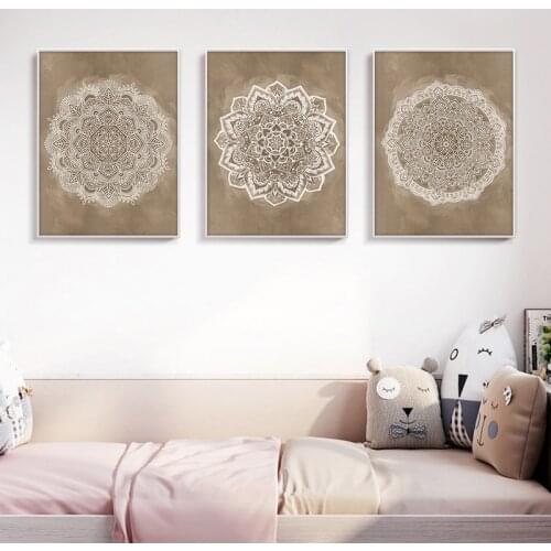 Mandala Wall Art Boho Canvas Painting Brown Posters for Rustic Bedroom Office Abstract Home Decor Picture Bathroom Geometry