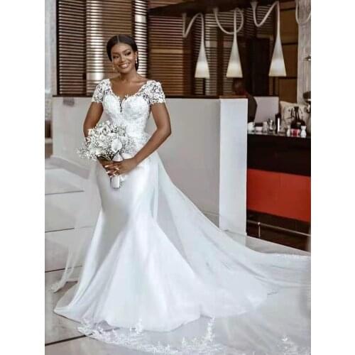 New Mermaid Slim-Fit Tulle Wedding Dresses Sexy V-Neck Short Sleeved Detachable Tail Bridal Dress White Beige Custom