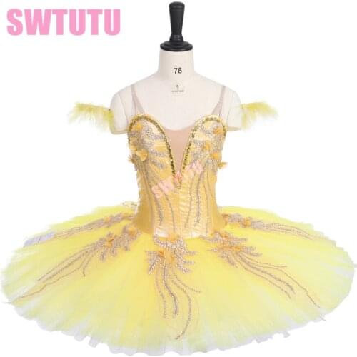 Newest Gold Yellow Professional Ballet Tutu Women Fairy Pancake Platter Tutus Performance Stage Costumes Girls BT9164