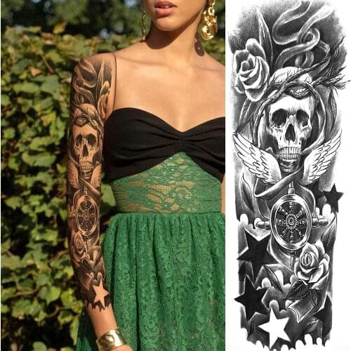 Skeleton King Temporary Star Tattoos Water Transfer Fake Tattoo Stickers For Men Women Body Art Full Arm Sleeve Fly Wing Tatoo