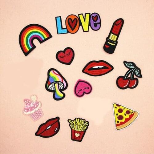Rainbow Love Heart Pizza Patches Cap Shoe Iron on Embroidered Appliques DIY Apparel Accessories Patch for Clothing Fabric Badges