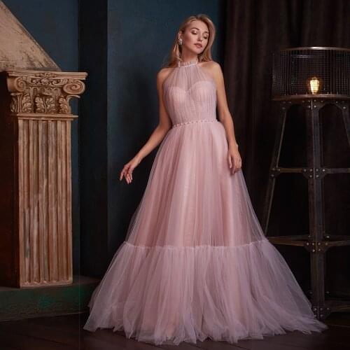 Pink Wedding Dresses Sexy Halter A Line Pleated Tulle Brides Wedding Gowns with Beaded Sash Off Shoulder Open Back