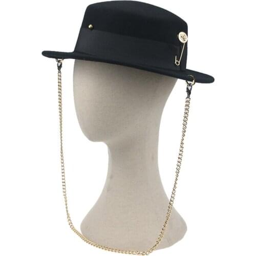 Wool hats fedoras solid black chain dress formal wedding church women hats flat top luxury fedora felted hats men women panamas