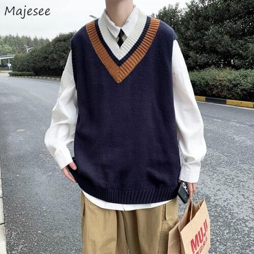Sweater Vest Men Loose V-neck Korean-style Chic Leisure Fashion Students Sweaters Outwear All-match Knitted Autumn-winter New BF