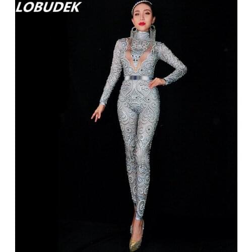 High-end Female Silvery Gray Crystals Jumpsuit Sexy Stretch Skinny Pearl Bodysuit Singer Bar Party Stage Performance DS Costume