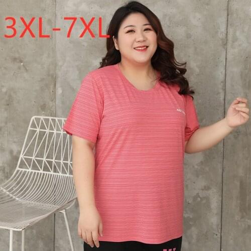 New 2021 Korea summer plus size tops for women large loose short sleeve red stripe O neck sprots T-shirt 3XL 4XL 5XL 6XL 7XL