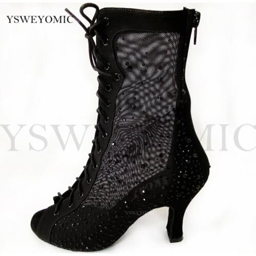 2021 Women Rhinestone Black Mesh Latin Dance Boots Soft Thicker Insole High Quality Training Dance Party Latin Salsa Dance Shoes